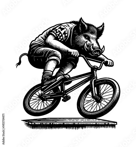 Silhouette of a Pig Boar Hog Doing a BMX Stunt in Freestyle Streetwear Style