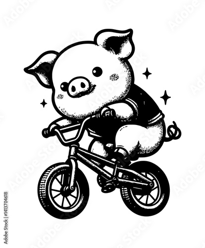 Cute Pig Riding BMX Bike and Jumping High in the Air with Trendy Outfit Chibi Style