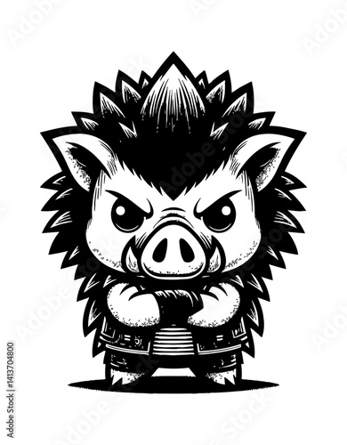 Chibi Pig Boar Hog Cub with Menacing Expression Staring Fiercely Isolated