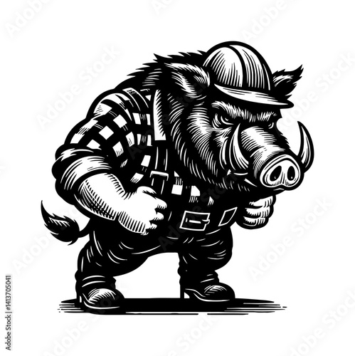 Happy pig construction worker wearing a yellow hardhat on construction site