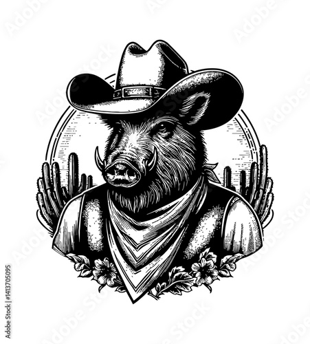 Pig Boar Hog in cowboy outfit with western fashion ranch hat and boots illustration