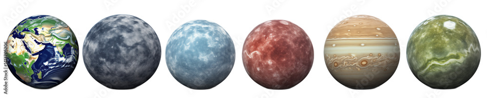 Fototapeta premium A row of six planet like spheres against a transparent background in a horizontal composition view png