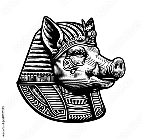 Pig boar hog wearing egyptian pharaoh royal costume on ancient egypt concept