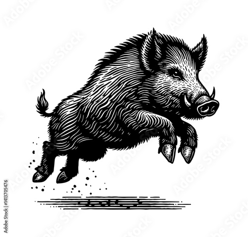Isolated Pig Boar Hog Jumping or Leaping Up, Showing its Cute Expression, White Background