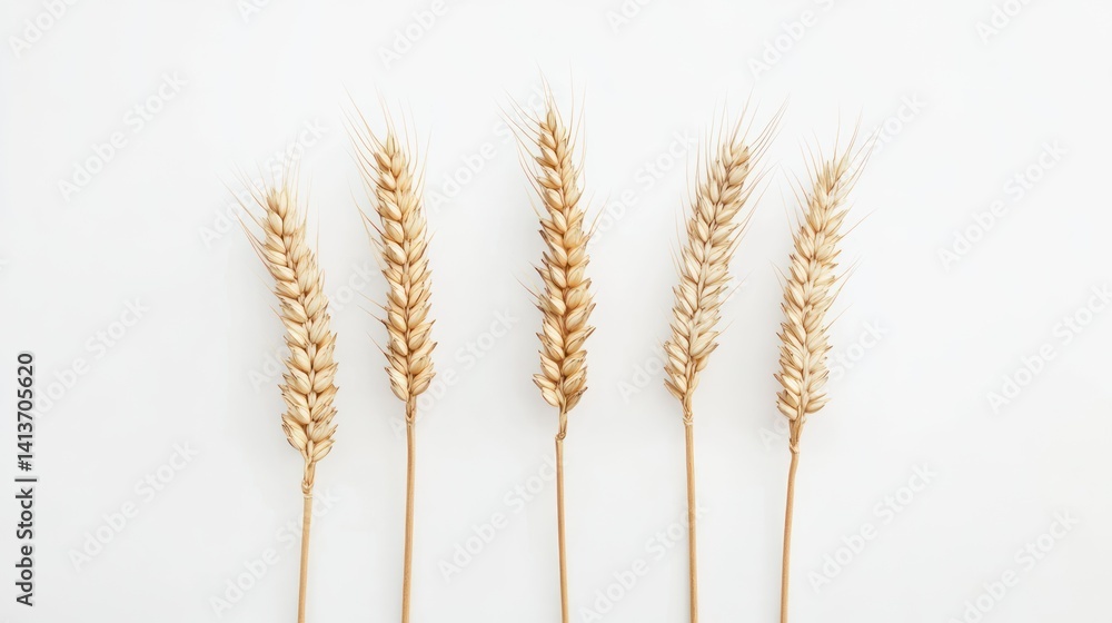 Five wheat stalks stand tall against a white background. Five wheat stalks stand tall against a white background.