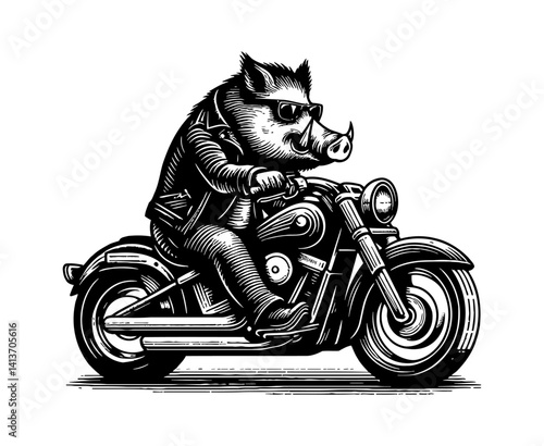Cool Pig Wearing Sunglasses and Leather Jacket in Biker Fashion Style