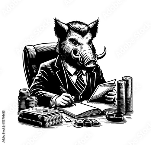 Pig boar hog as office worker professional in workplace career illustration.