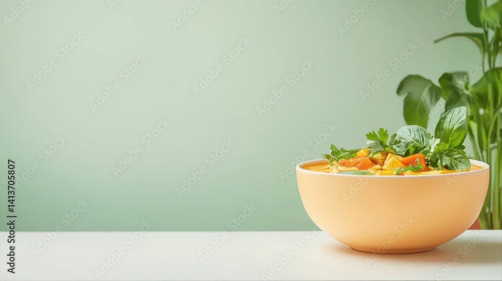 Vibrant vegetable soup in bowl on minimalist kitchen table Vibrant vegetable soup in bowl on minimalist kitchen table