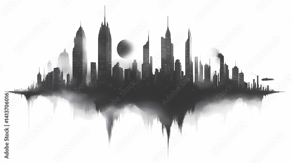 Fototapeta premium Black and White City Skyline Illustration: Minimalist Urban Silhouette as Modern Digital Art