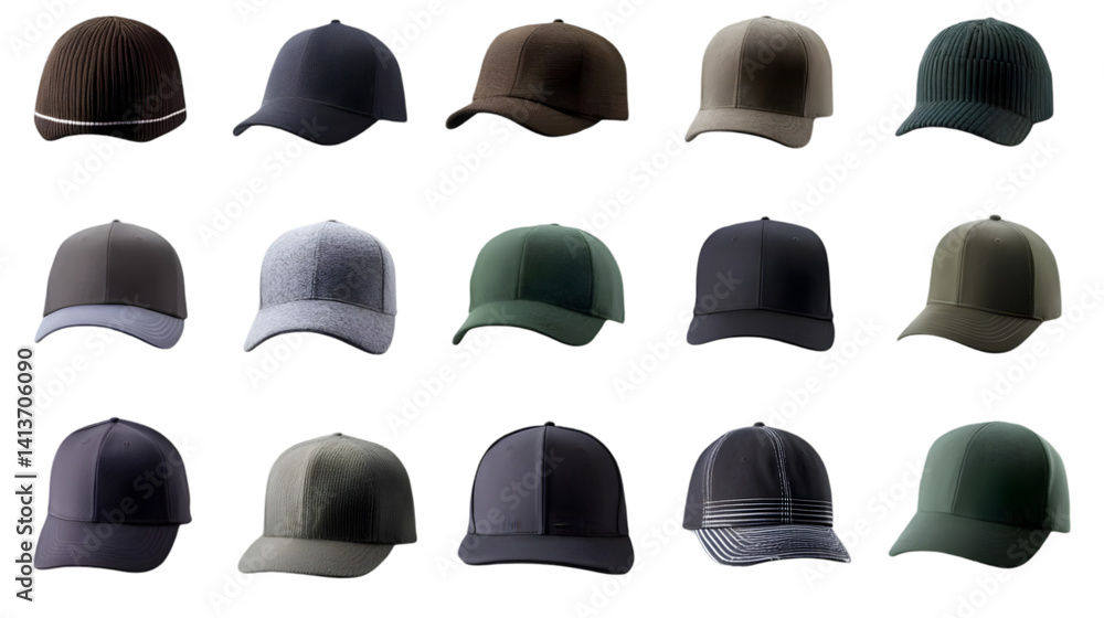 Various Stylish Hats Displayed Against a Transparent Background