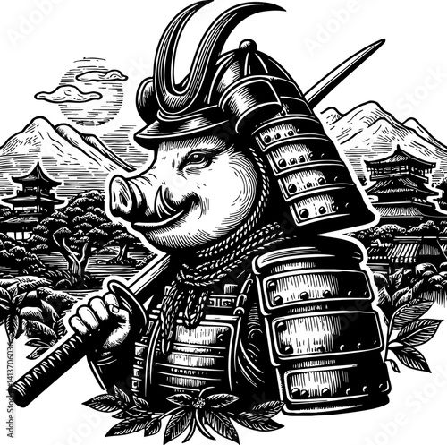 Pig Boar Hog in Samurai Armor Warrior Costume Holding Sword Ready for Medieval Combat