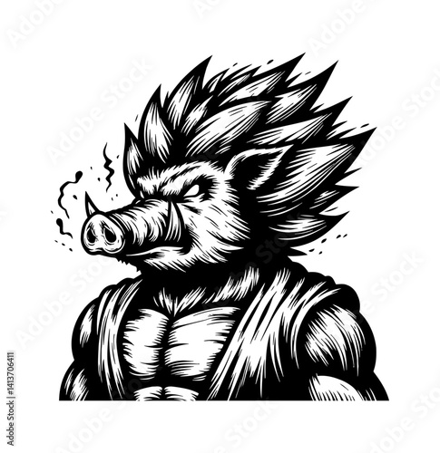 Cartoon Pig Doing Karate Martial Art Training, Powerful Animal Concept Illustration