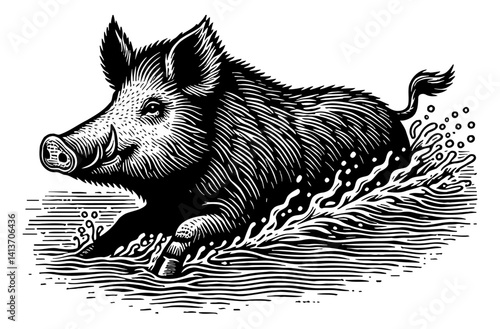 Pig swimming in water, boar doing sport, hog doing exercise in pool for fitness
