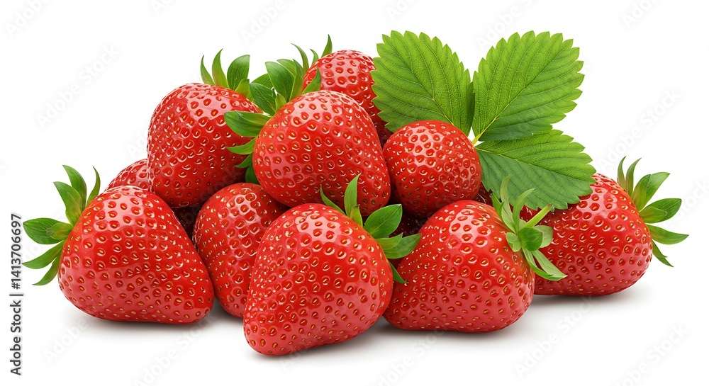 Fresh strawberries with green leaves highlighted on white background Fresh strawberries with green leaves highlighted on white background