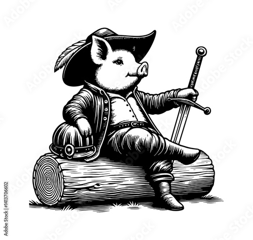 Illustration of pig boar hog samurai wandering swordsman sitting alone on a log.