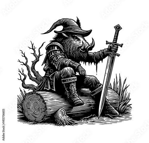 Pig Boar Hog Swordsman Wandering Sitting on a Log Enjoying The Day in Illustration