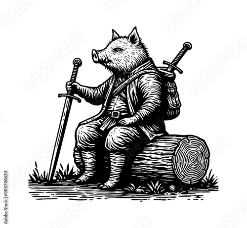 Pig Boar Hog Wandering swordsman sitting on log relaxing outdoor calm in illustration