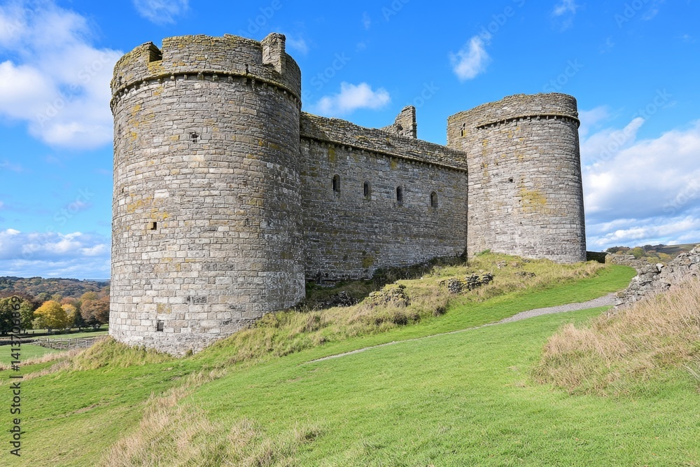 A ruined medieval castle with only a few standing towers, its stones covered in moss and history A ruined medieval castle with only a few standing towers, its stones covered in moss and history