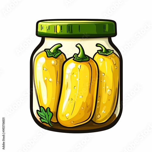 Illustration of Jar with Pickles and Yellow Peppers: Organic Food Preservation and Homemade Snack Ideas