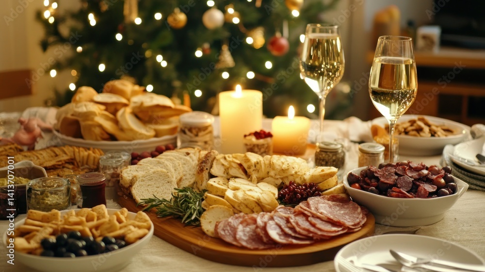 festive christmas eve table setting with sparkling wine and a delightful array of appetizers and snacks arranged beautifully for a joyful celebration festive christmas eve table setting with sparkling wine and a delightful array of appetizers and snacks arranged beautifully for a joyful celebration