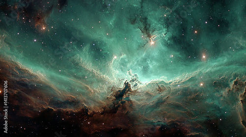 Fototapeta Naklejka Na Ścianę i Meble -  A stunning space scene of green nebulae resembling auroras rippling across the cosmos symbolizes the mystery of the universe cosmic energy life beyond earth and the harmony of celestial forces

