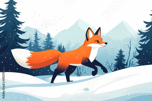 Vibrant Digital Illustration of Cute Fox Walking through Snowy Winter Forest Landscape in Majestic Mountains