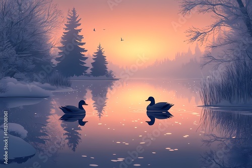 Serene Winter Landscape at Sunrise: Ducks on Calm Pond with Misty Reflections and Silhouetted Trees