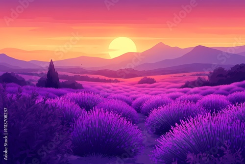 Sunset Over Lavender Fields: A Scenic View of Mountains and Purple Flowers in a Beautiful Landscape