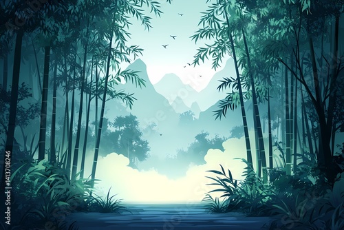 Bamboo Forest Tranquil Scene: Digital Art of Serene Landscape with Misty Atmosphere and Mountain Backdrop
