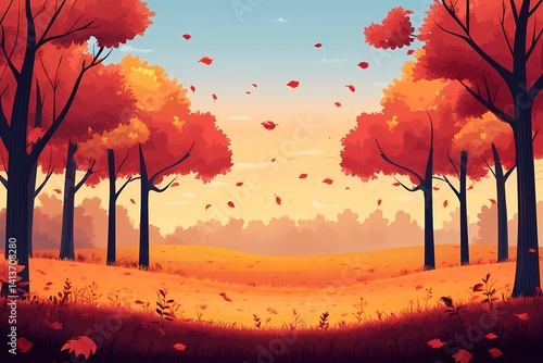 Vibrant Autumn Landscape: Tranquil Park with Colorful Leaves and Clear Blue Sky