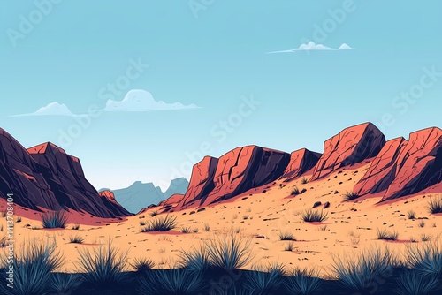Idyllic Desert Landscape Illustration: Scenic Wilderness with Vibrant Sunset Skies and Serene Rocky Horizon