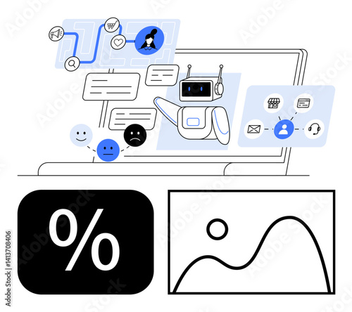 Robot managing user queries, emotions, and data flow on screen. Tangible and symbolic concepts thumbs up automation, communication, analysis, and visualization. Ideal for AI, customer support data