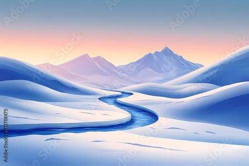 Scenic Winter Landscape Illustration: Serene Snow-Covered Mountains & Tranquil River under Cool Blue Sky