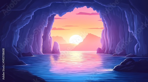 Enchanting Cave Sunset Reflection on Calm Tropical Waters: A Mystical Evening Landscape of Natural Beauty and Adventure