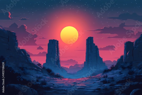 Stunning Desert Landscape at Sunset: Photorealistic Illustration of Colorful Rock Formations Under a Moody Sky