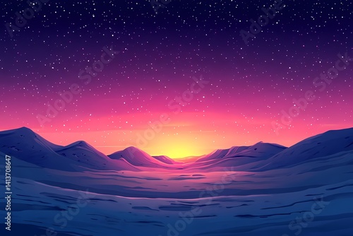 Vibrant Sunset Over Starry Winter Mountains: Colorful Digital Landscape Art with a Magenta Horizon