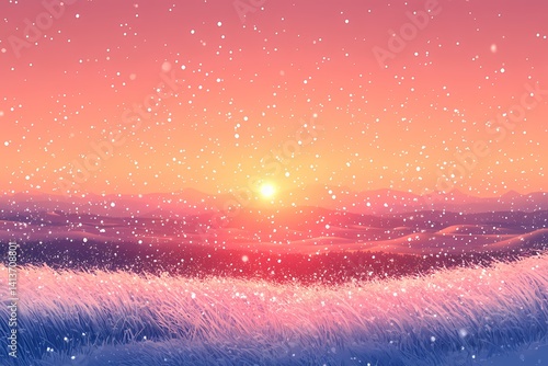 Winter Landscape at Sunset: Serene Snowfall Across a Field Under a Colorful Sky