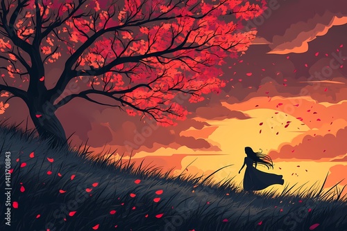 Dreamy Autumn Silhouette: Peaceful Woman Amidst Idyllic Evening Scenery