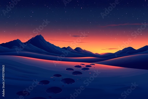 Tranquil Winter Wonderland: Serene Snowy Desert Landscape with Footprints Under a Mystical Night Sky at Dusk