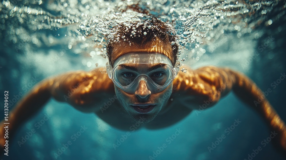 Fototapeta premium Underwater Man: A Captivating Dive into Serenity