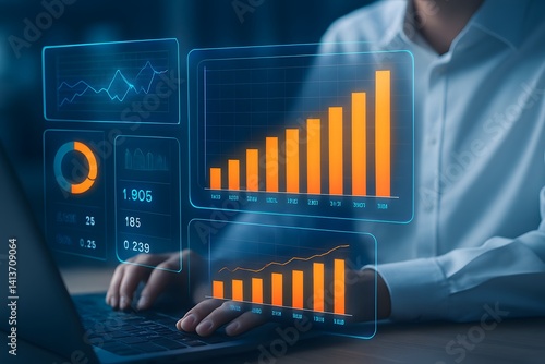Financial management technology. Business finance data analytics graph. Advisor using KPI Dashboard on virtual screen. financial strategies, return on investment, ROI, efficiency, marketing plan
