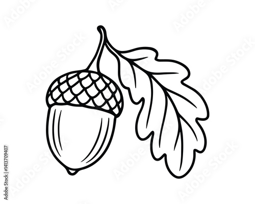 Acorn and Leaf Black Line Art
