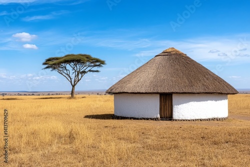 A traditional African mud hut in a vast savanna, surrounded by golden grass and acacia trees