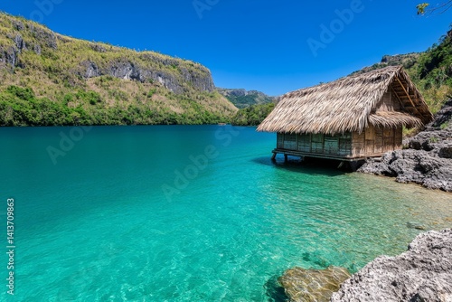 A tropical beach hut made of bamboo and palm leaves, overlooking crystal-clear turquoise waters