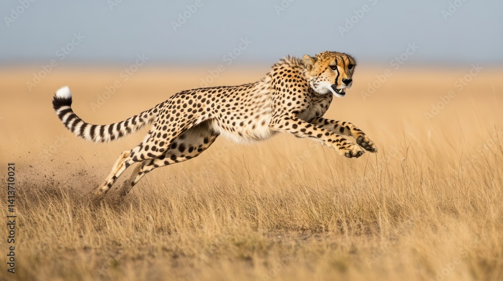 Cheetah airborne sprint, gracefully traversing the vast African savanna plains Cheetah airborne sprint, gracefully traversing the vast African savanna plains