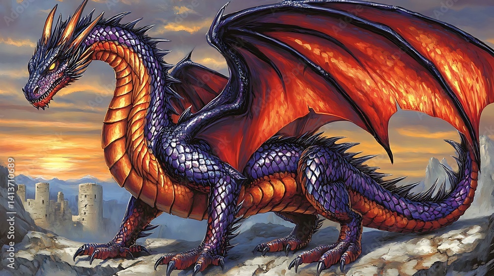 Obraz premium Majestic purple and orange dragon overlooking a sunset landscape.