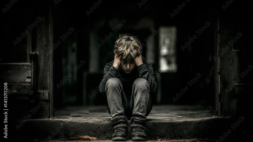 A young guy with depression sits by himself in the hallway, feeling isolated. A young guy with depression sits by himself in the hallway, feeling isolated.