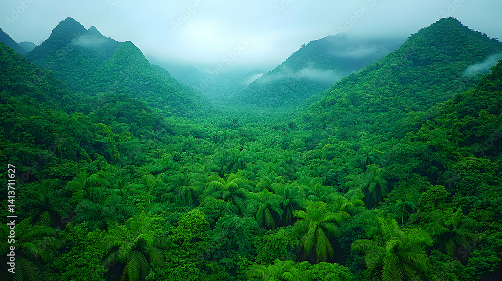 Obraz premium Lush green tropical rainforest valley nestled between mist-shrouded mountains. A breathtaking aerial view of vibrant foliage.