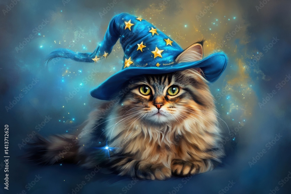 Fototapeta premium Cat Wearing Wizard Hat Adorable Fluffy Pet Portrait