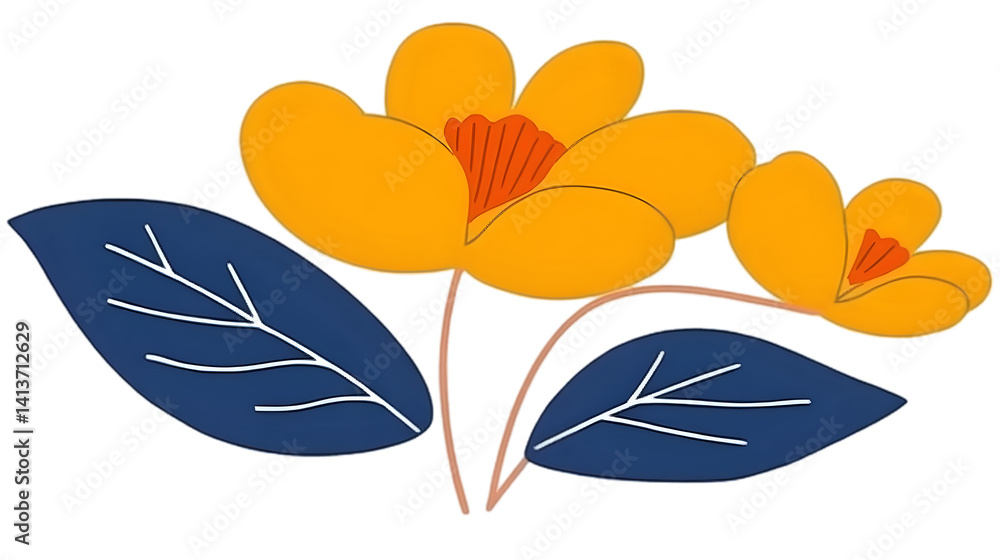 Naklejka premium Yellow Blossoms With Blue Leaves Illustration On Transparent Background